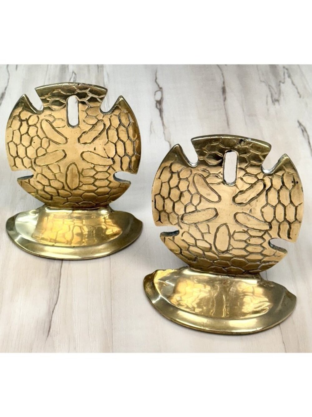 VTG MCM Pair Solid Brass Heavy 5" Sand Dollar BOOKENDS Beach Coastal Taiwan